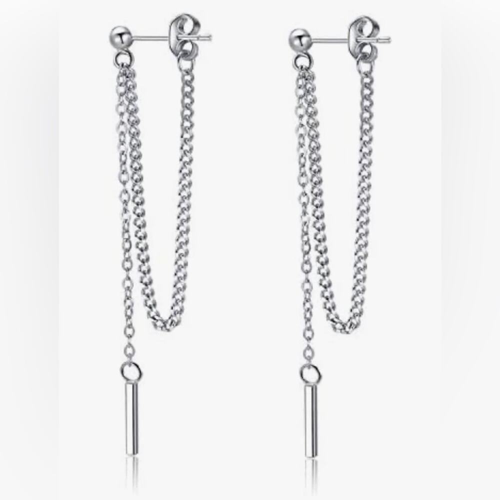 Threader Earrings Silver tone Long Dangle Pierced NWT with pouch